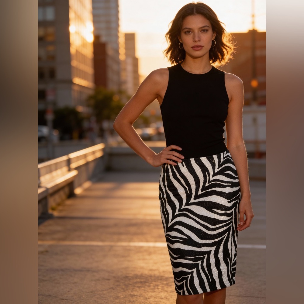 Talbots black white zebra print pencil skirt cotton 6 lined back zipper textured